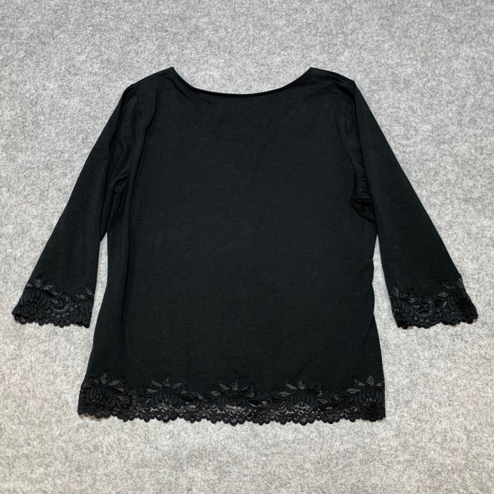 Coldwater Creek Womens Large Black Lace Trim Scoop Neck 3/4 Sleeve Knit Top - Picture 3 of 5
